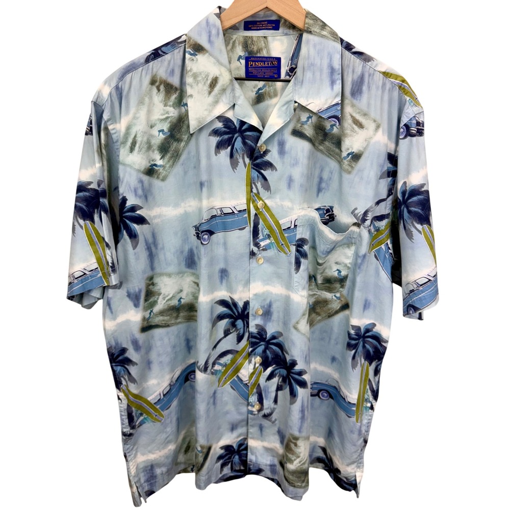 VTG Pendleton Mens Size L Tropical Classic Car Palm Tree Hawaiian Aloha Shirt